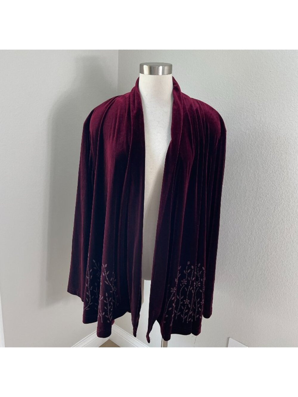 Coldwater Creek Womens Plus 2X Burgundy Velvet Embroidered Open‎ Front Cardigan